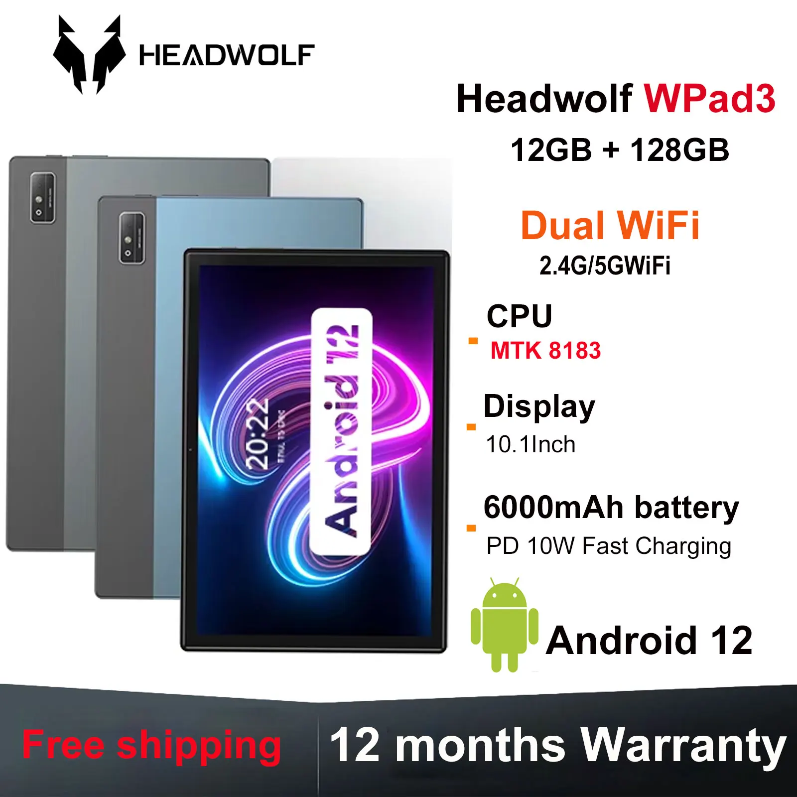 HEADWOLF WPad3 Android 12 Tablet 10,1 zoll 6GB RAM DDR4X 128GB ROM UFS 2,1 MTK 8183 Octa-core Tablet PC Hinten Camera16MP 7700 mAh Image