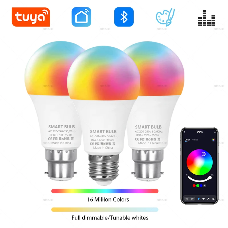 Tuya Bluetooth LED Birne Lampen Dimmbar 15W 18W E27 B22 220V RGBCW Farbwechsel Smart Leben APP gruppe Steuerung Musik Rhythmus Timing
