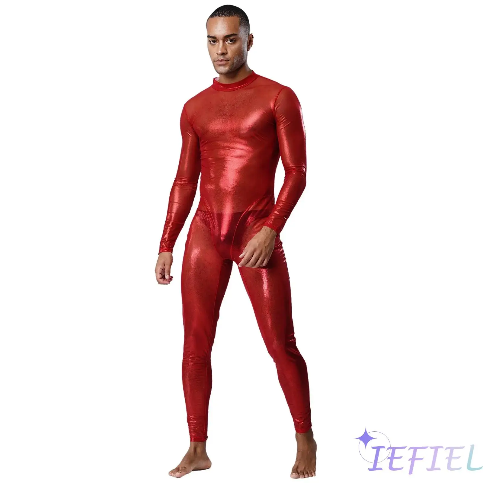 Herren-Catsuit aus Metall mit Ganzkörperabdeckung und Reißverschluss hinten, langärmliger, durchsichtiger Overall, Clubwear für Nachtclub-Kleidung Image