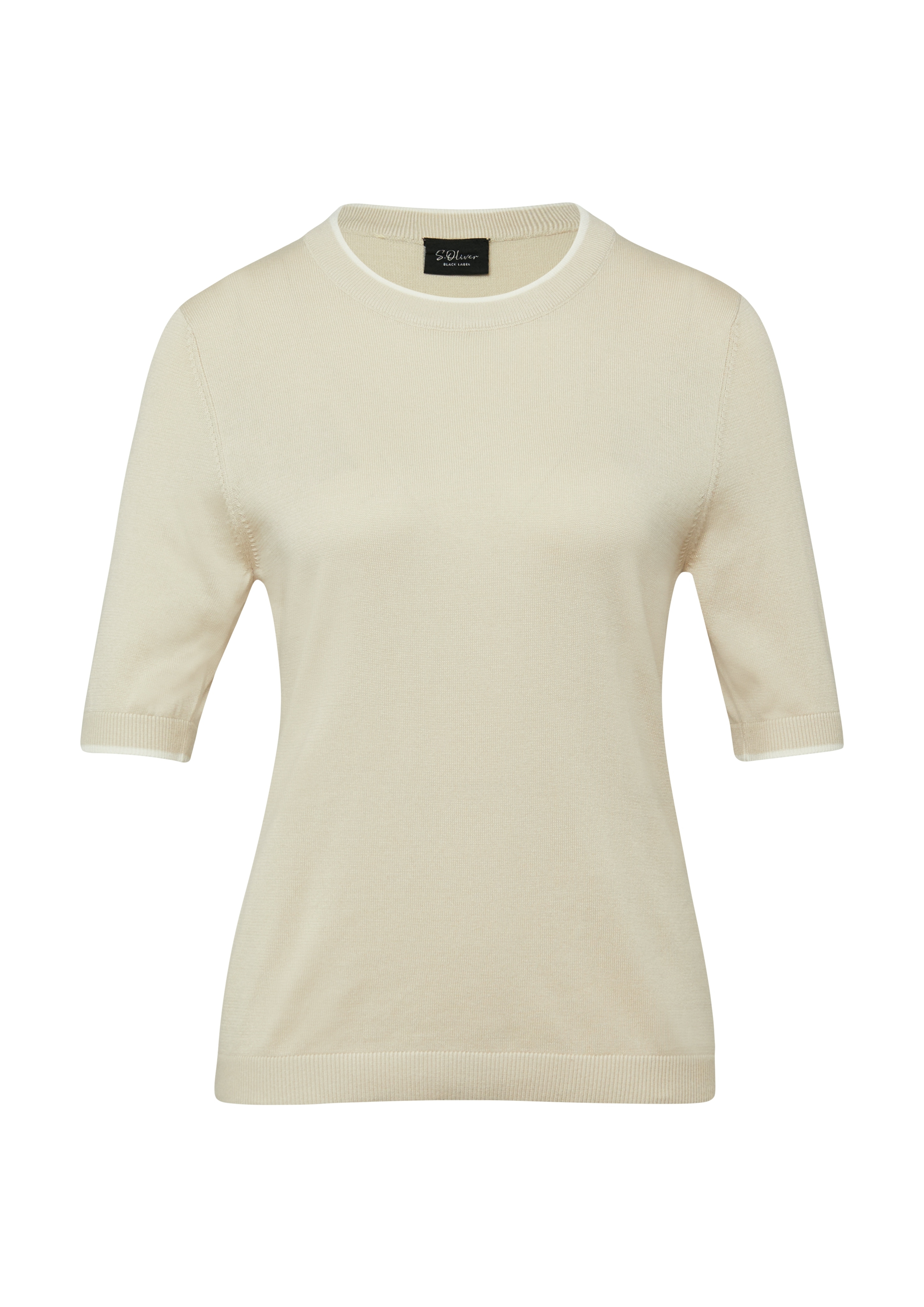 Rundhalspullover S.OLIVER BLACK LABEL, Damen, Gr. 42, grau beige, Strick, Obermaterial: 50% Baumwolle, 50% Modal, unifarben, regular fit normal, Rundhals, Rippbündchen, Pullover Rundhalspullover, mit Rippbündchen