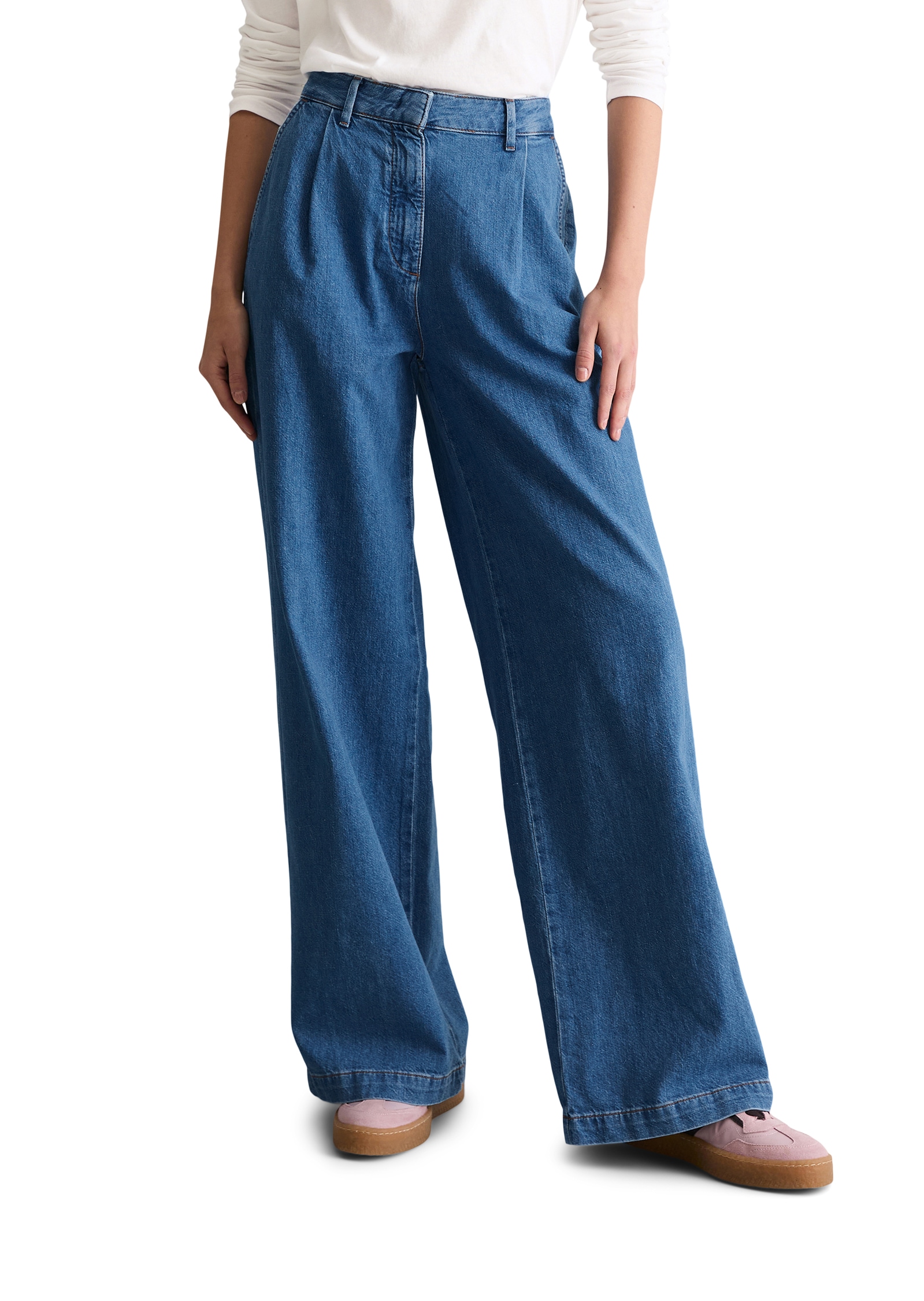 Weite Jeans MARC O'POLO DENIM "Model Tomma", Damen, Gr. 30, Länge 30, medium blau, Denim/Jeans, Obermaterial: 100% Baumwolle, relaxed fit lang, Jeans, High Pleated Waist, Wide Leg