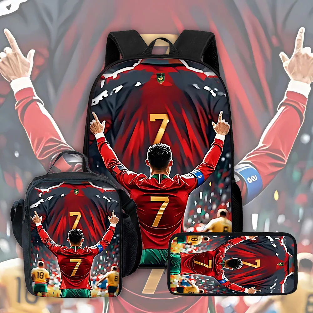 Sac à dos d'école pour enfants Football Star avec sacs à déjeuner R-Ronaldos, trousses à crayons, sacs d'école C-CR7 pour garçons et filles, meilleur cadeau