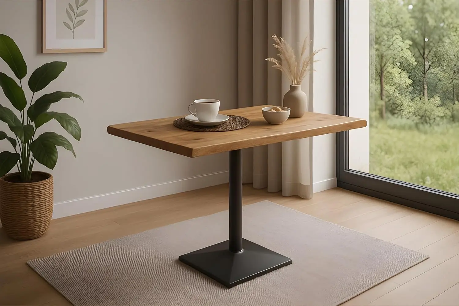 Ines Bistrotisch, 80 x 60 cm, massives Mangoholz, Farbe: Natur, Baumrand, Säulenrahmen, Metall, Schwarz, Wellentisch, Maßgeschneidert Image