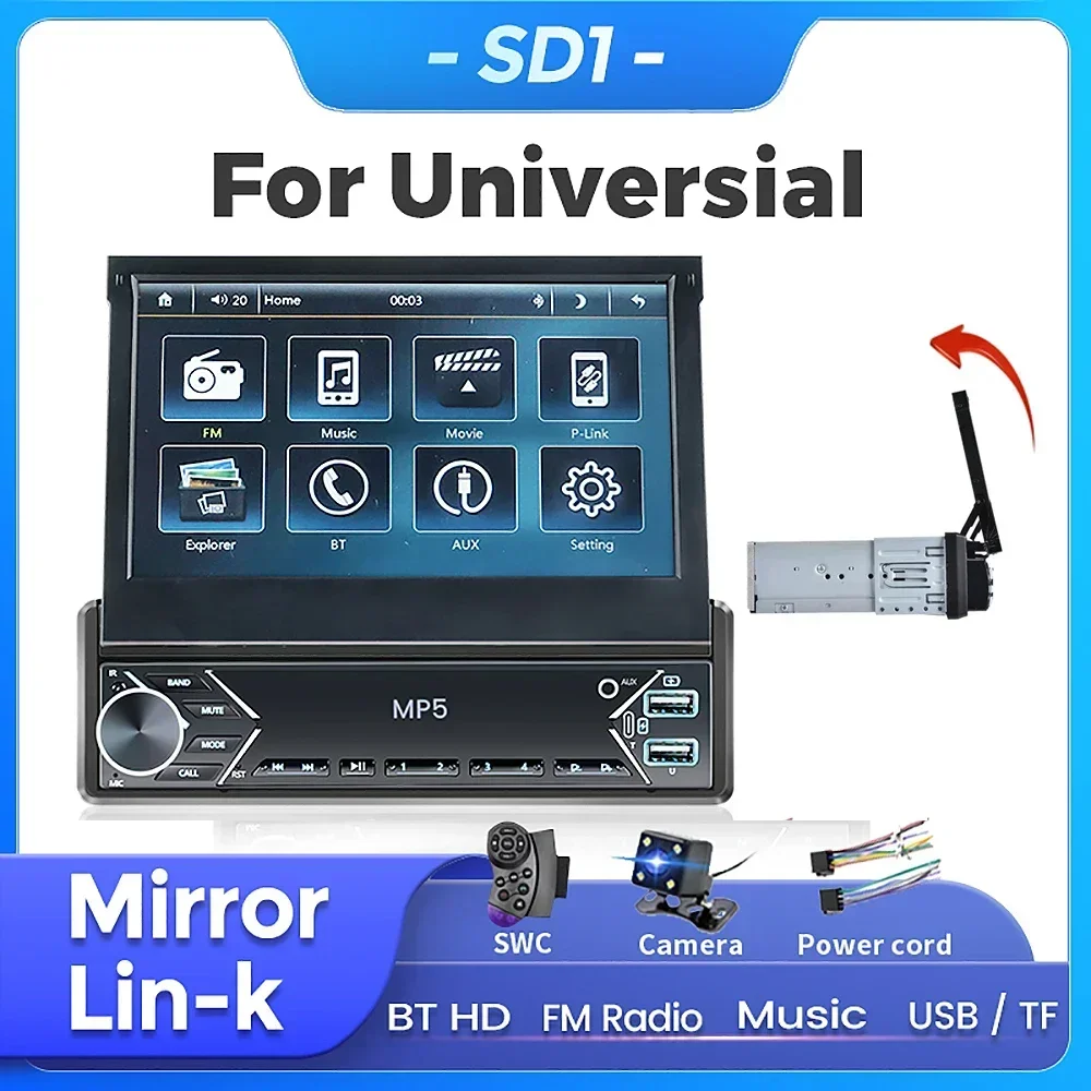 1Din MP5 Player 7 zoll Auto Radio FM HD Faltbare Multimedia Universal Audio Spiegel Link AUX USB Video Keine DVD einziehen Backup Kamera Image