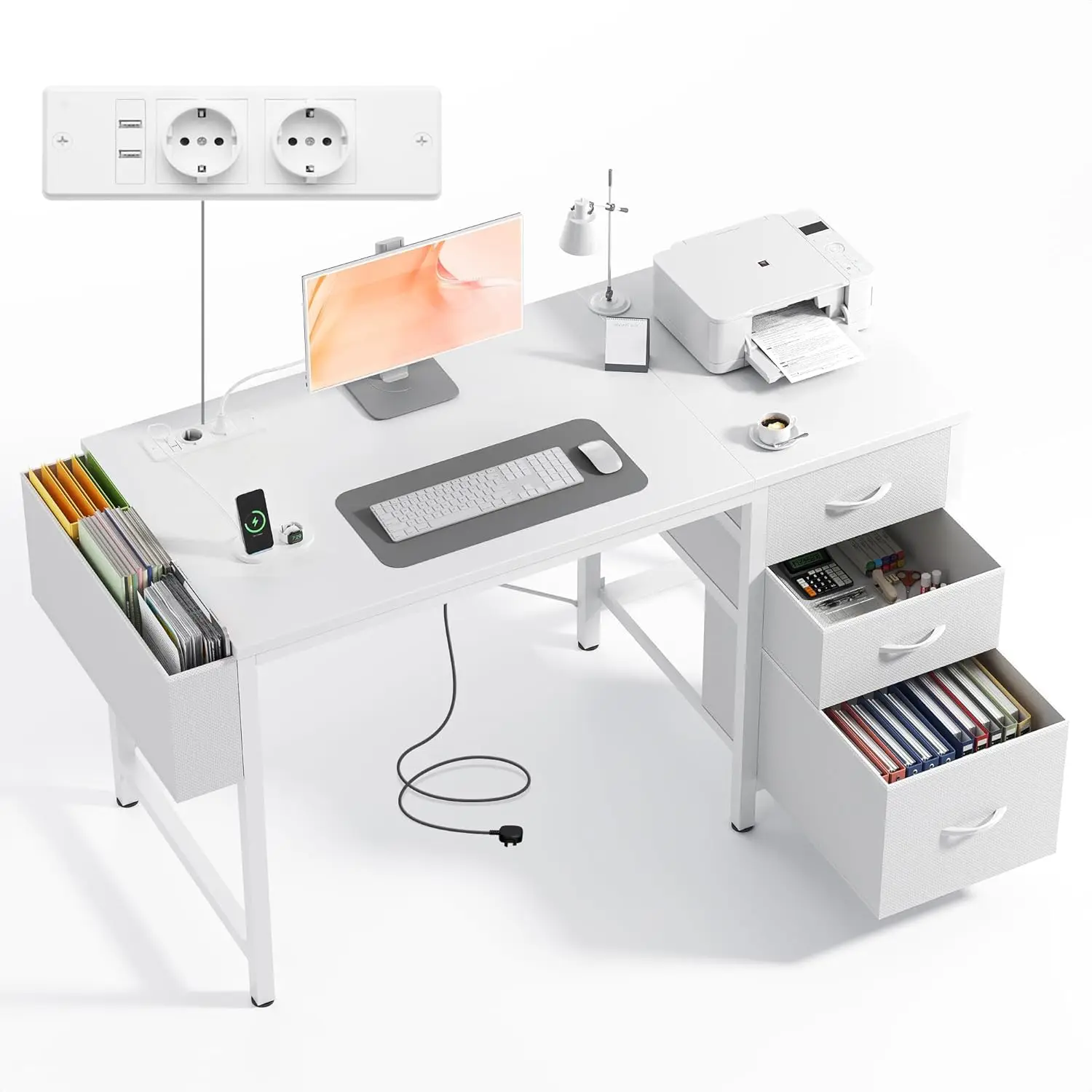 Kleiner Schreibtisch mit 3 Stoffschubladen, 120 x 60 cm, Computertisch mit 2 Steckdosen und USB-Anschlüssen, PC-Schreibtisch, Bürotisch für das Heimbüro