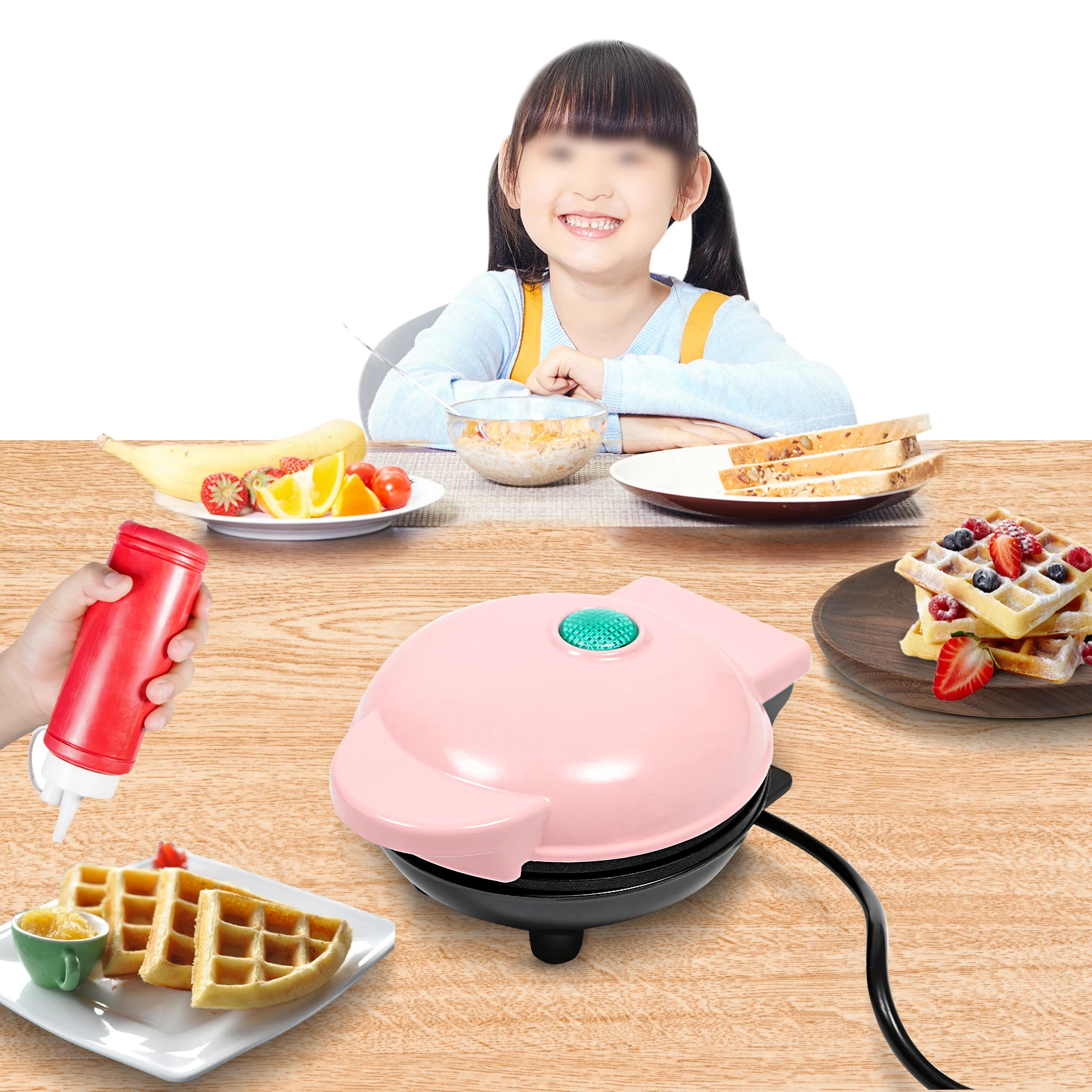 12,5 * 16,5 * 8,5cm 350W Rosa Herzförmiger Aluminium-Waffeleisen Bakelit-Material Beidseitige Heizung Frühstücks-Waffeleisen Image