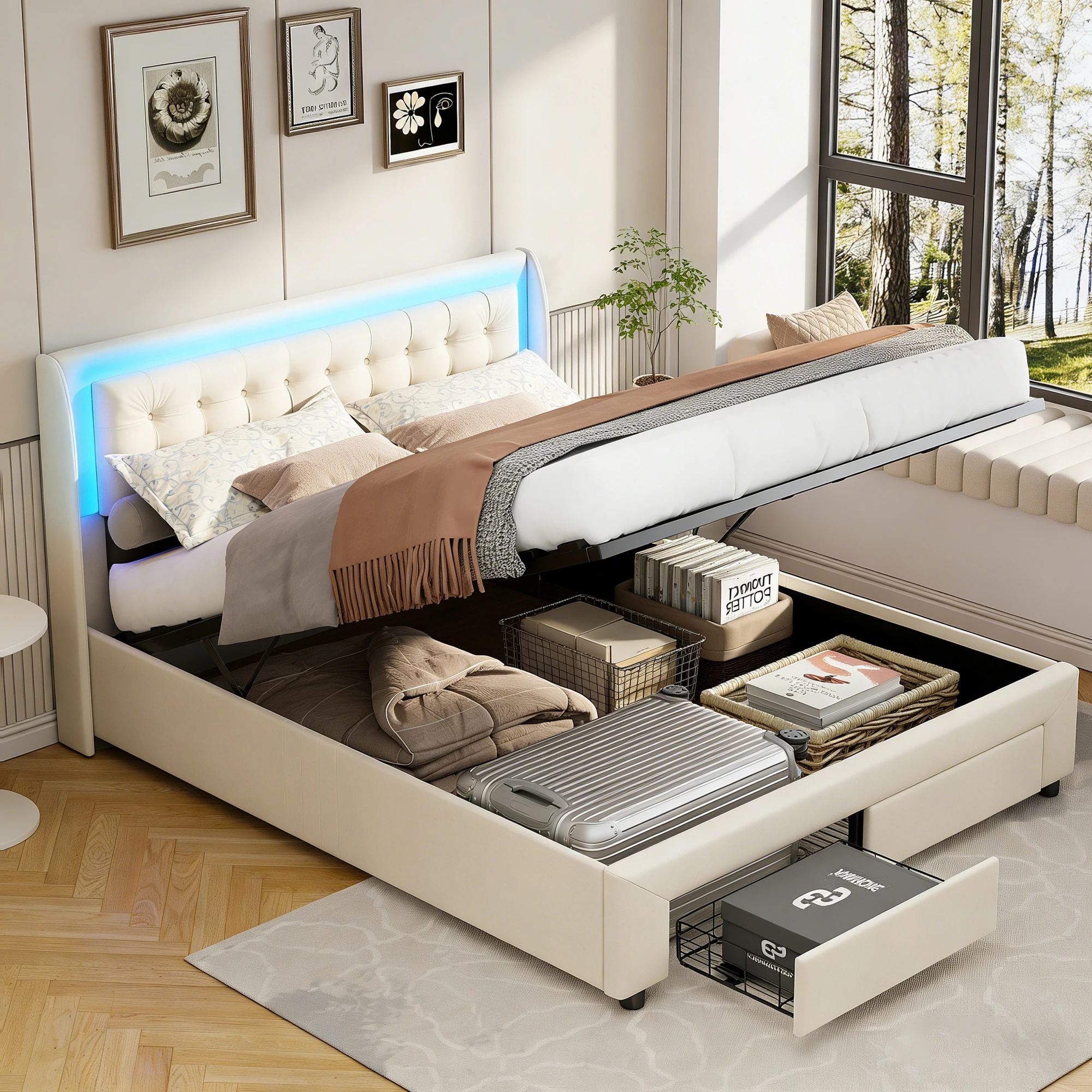 Bett mit Stauraum 140 x 190 cm und LED-Beleuchtung, polsterbett Doppelbett, 2 Schubladen, Jugendbett, Stauraumbett hydraulisch mit Lattenrost, für Erwachsene und Jugendliche, Samt Image