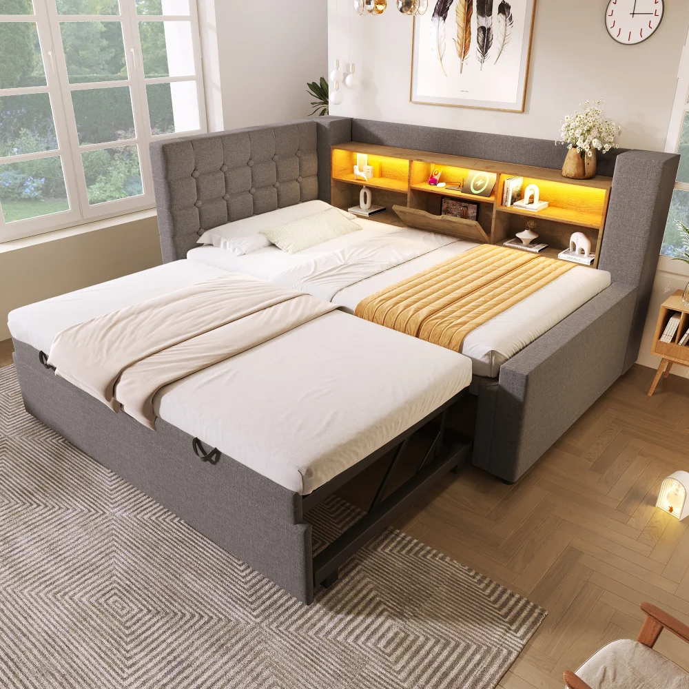 Kinderbettgestelle und -rahmen 90x200cm Polsterbett mit 90x190cm Ausziehbett LED-Beleuchtung L-förmiges Kopfteil mit Stauraum Image