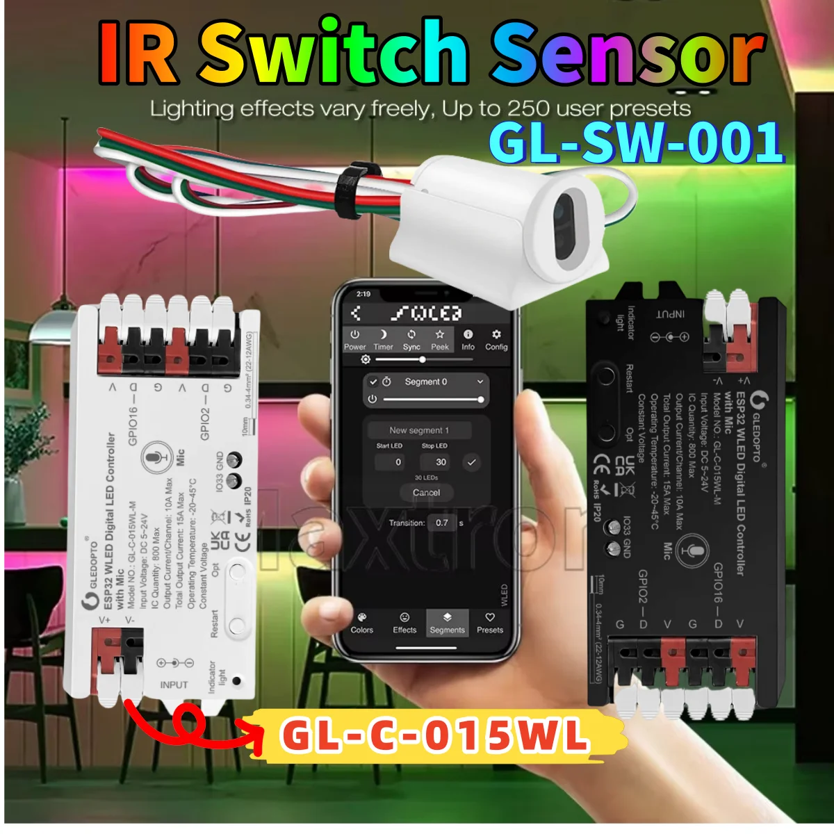 LED-Streifenlicht ESP32 WLED LED-Controller GL-C-015WL/IR-Schaltersensor GL-SW-001 RGBIC Gesture-Aware Trigger WS2811 SK6812 Streifen Image