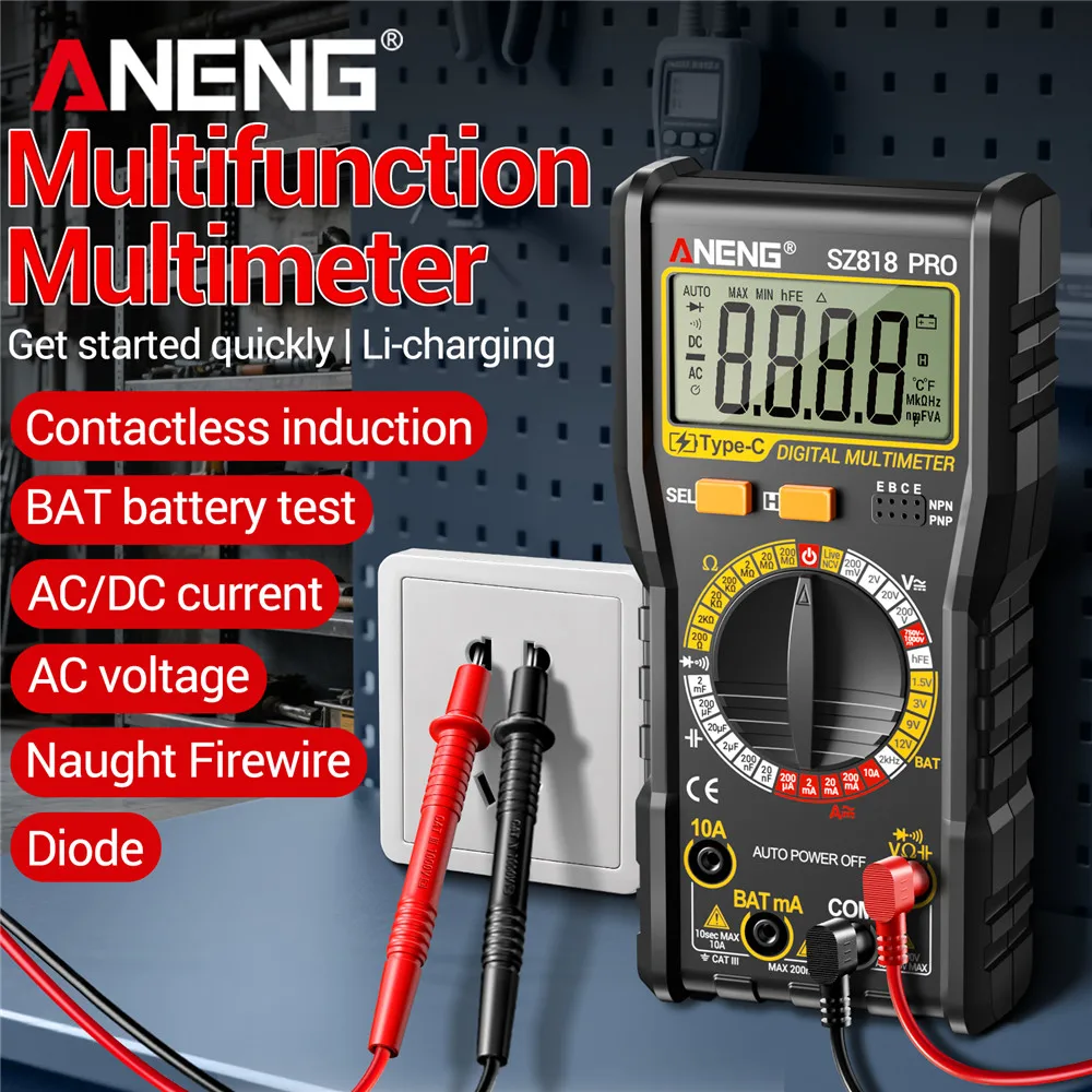 SZ818 PRO Digitales Multimeter mit hFE Triode LCD-Anzeige 1000V DC/750V AC RMS 10MΩ Eingangsimpedanz Automatische Polarität FF200mA Sicherungsschutz Image