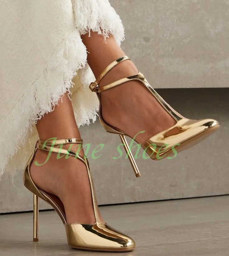 Lady Gold Metallic Pu Schnalle Riemen Pumps Spiegel Glod Pu Cover Heel Elegante Gold Cut-Out Schuhe Sommer Runway Pumps Größe 34-46