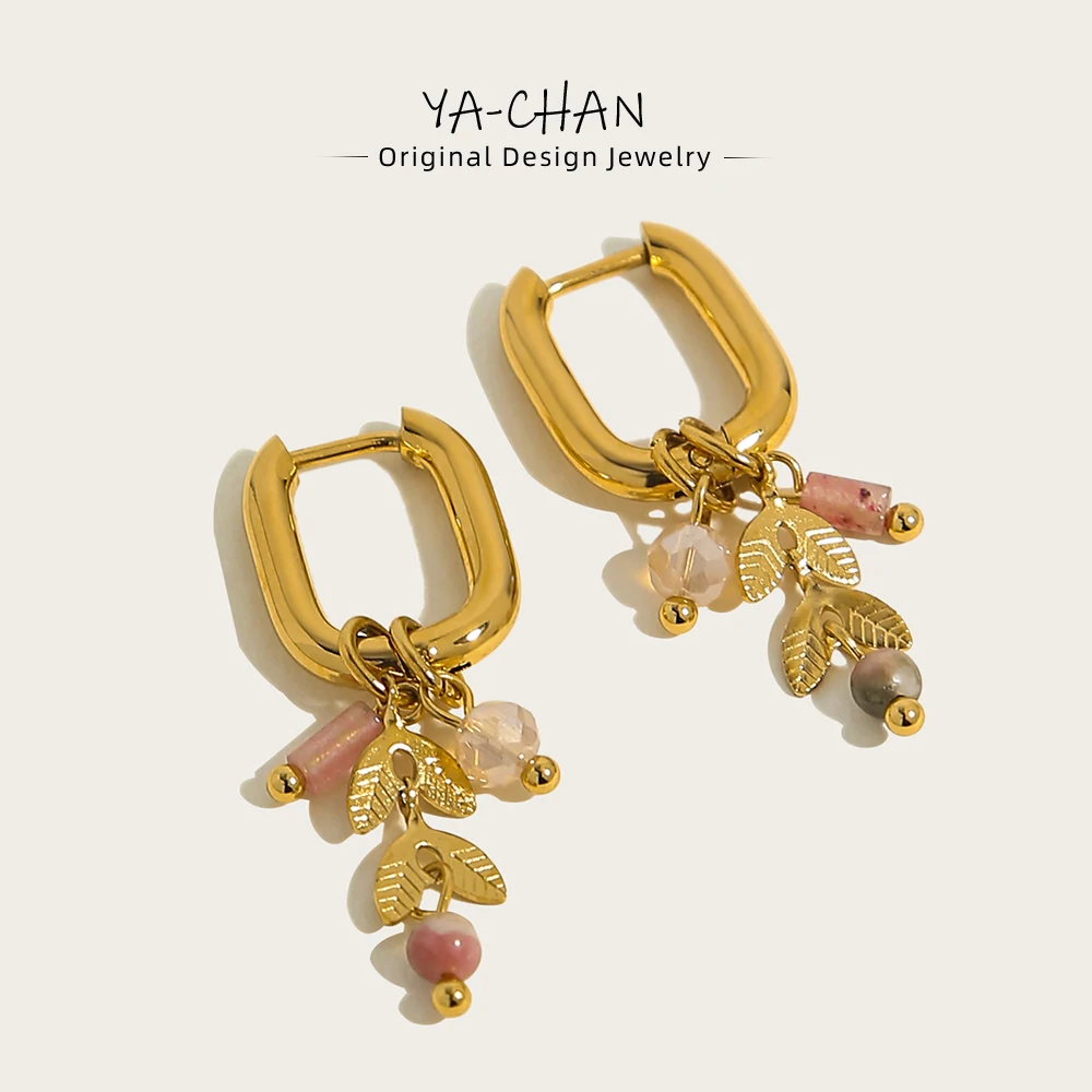 YACHAN Neu in 18 Karat vergoldeten Edelstahl Creolen für Frauen niedlichen rosa Kristall Naturstein Charms trend igen Schmuck Image