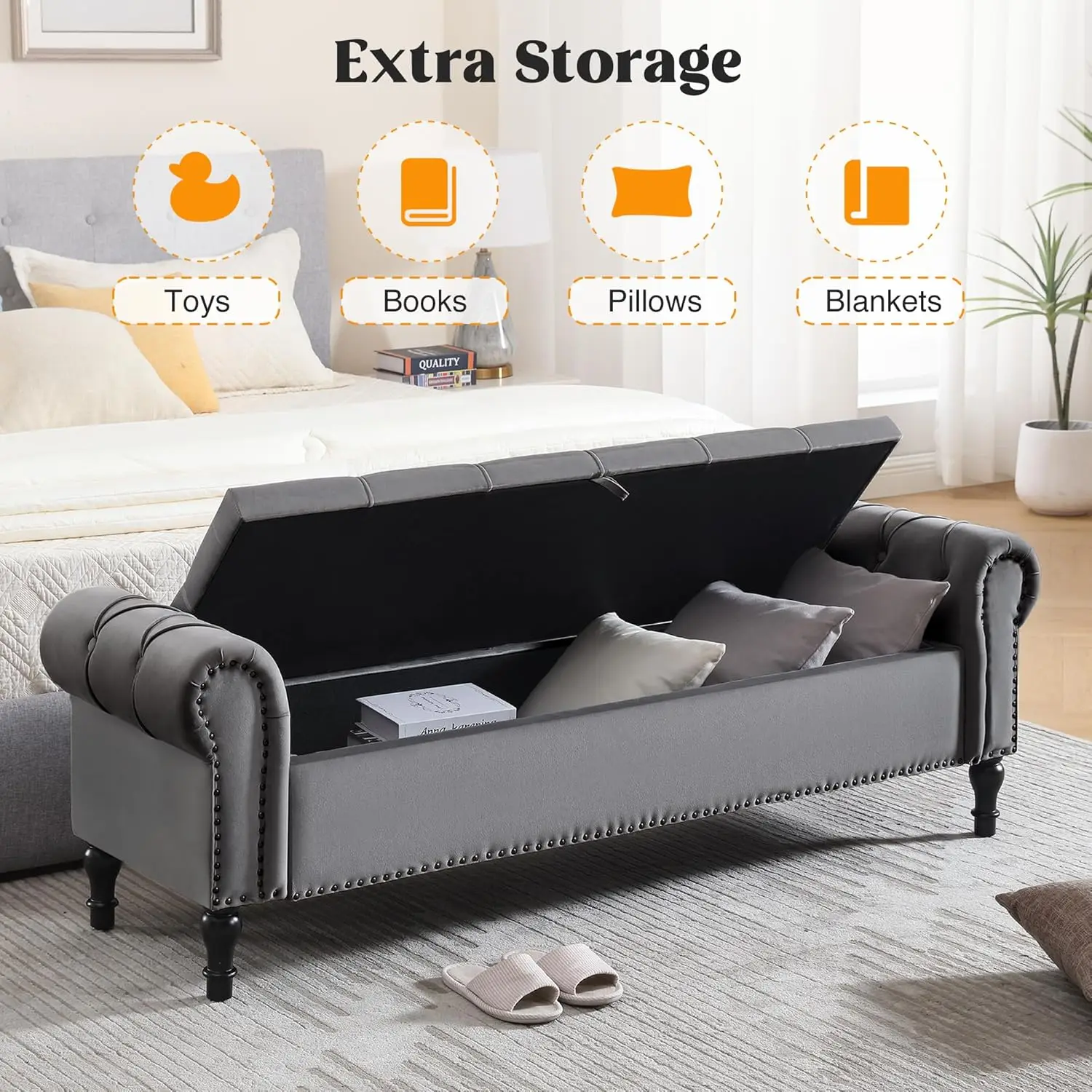 Bank, gepolsterte Bank mit Stauraum, Aufbewahrungsbox für Schlafzimmer, Hocker, Holzrahmen, Samtbezug, Öffnungssitz 133 x 53 x 46 cm