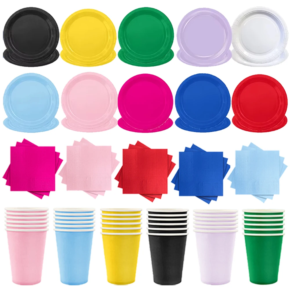 1/3/5 Packungen einfarbiges Papiergeschirr, 7'' und 9'' Teller, Tassen, Servietten, Rosa, Blau, Schwarz, Geburtstag, Hochzeit, Party, Babyparty-Zubehör Image
