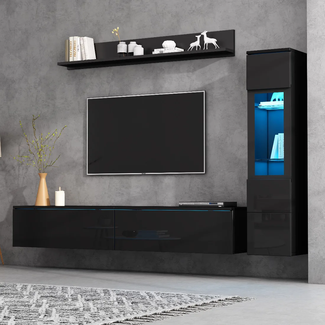 3-teiliges LED-TV-Wandset in Schwarz Hochglanz, TV-Schrank + Vitrine + schwebendes Regal, für 80-Zoll-Fernseher, Wohnzimmer