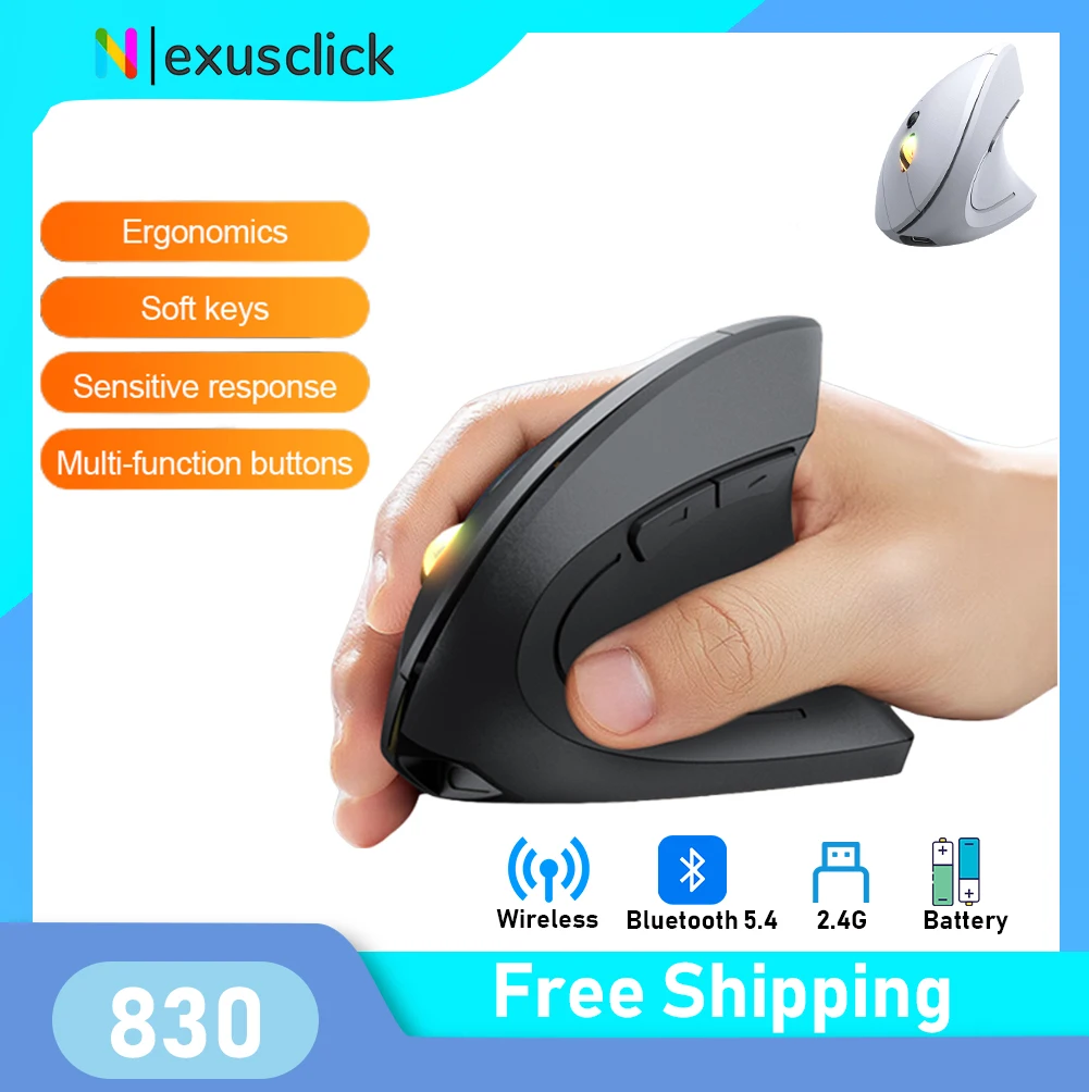 Vertikale Maus, ergonomisch, 2,4 GHz, Bluetooth, kabellos, optische Mäuse, 3 einstellbare DPI 800/1200/1600, 6 Tasten für Laptop, PC, Desktop Image