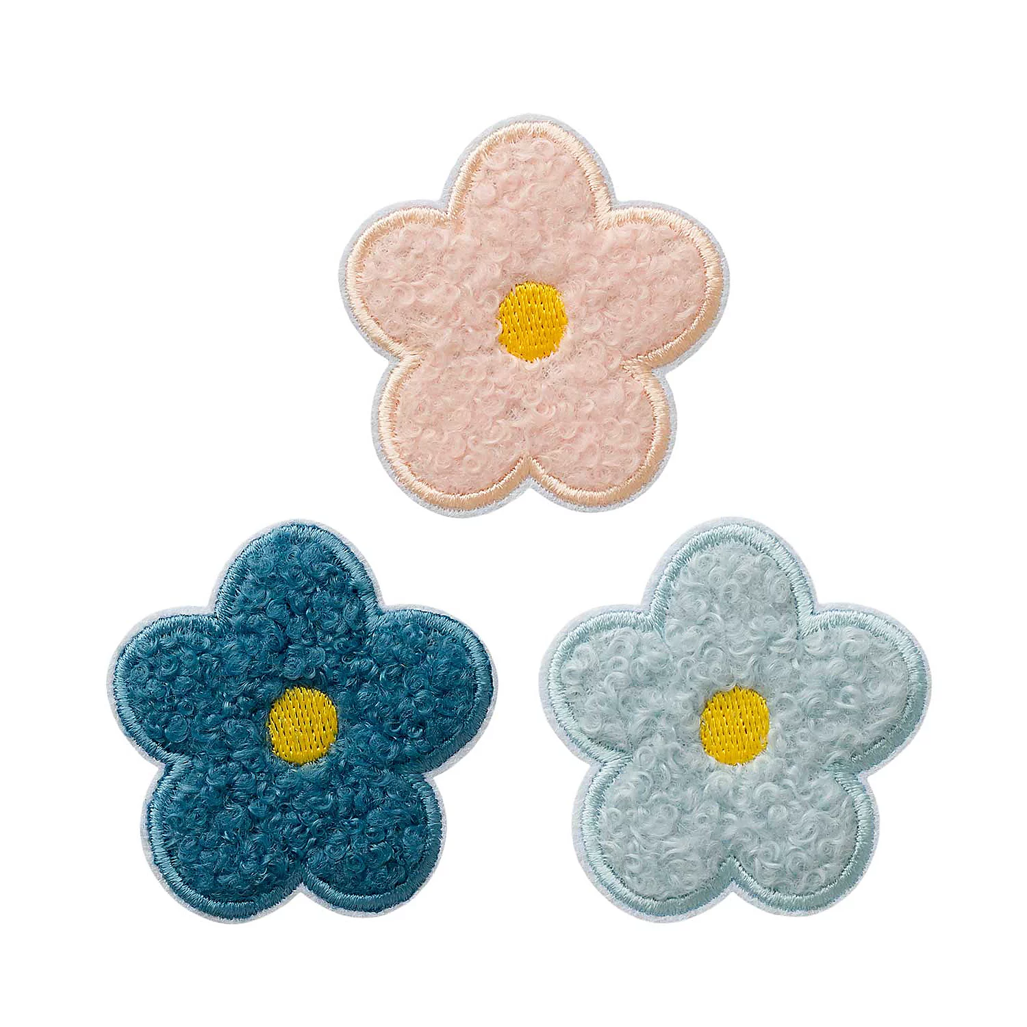 buttinette Écussons thermocollants "fleurs duveteuses", dim. : 5 cm, 3 pièces