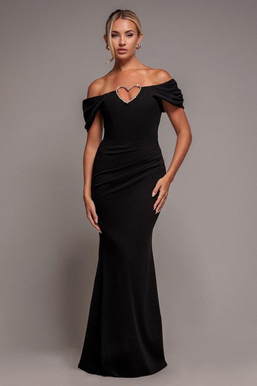 Diamante Heart Trim Evening Maxi Dress - Black - Goddiva Dresses