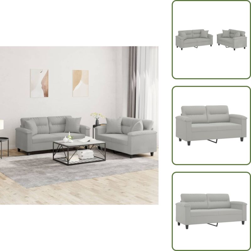 The Living Store Set Divani 2 Pz Con Cuscini Grigio Chiaro In Tessuto Microfibra - Divano In Microfibra