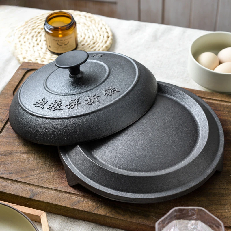 Robuste, authentische Gusseisen-Grillplatte, antihaftbeschichtet, zum Braten von Pfannkuchen, Kreppmaschine, Doppelgriff, kommerzielle Flatbread-Kochpfanne Image