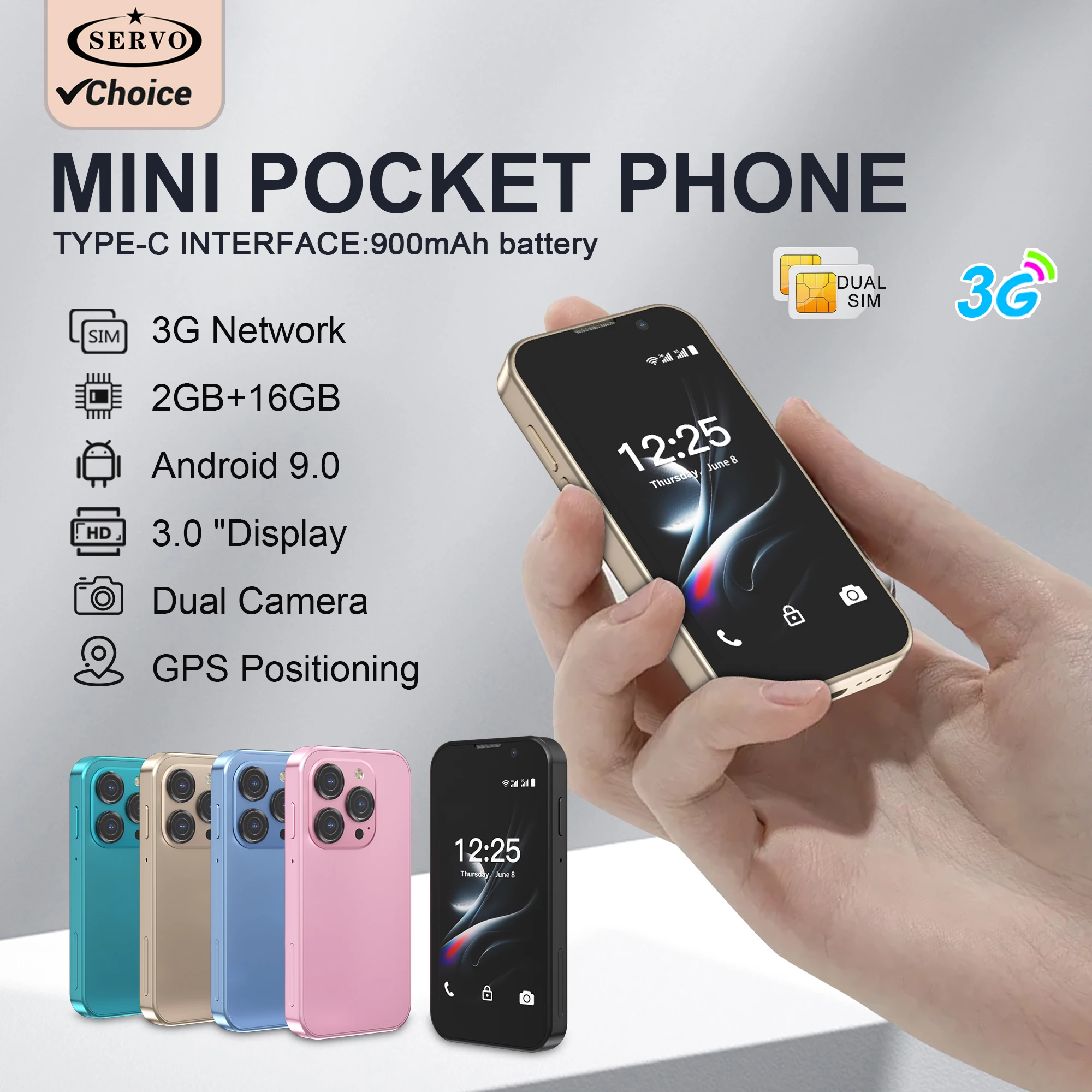 Hot Selling SERVO Mini Smartphone Android 9.0 3G Cellular Wifi Face unlock Dual SIM 3inch HD Display Tiny Smart Phones 2GB+16GB