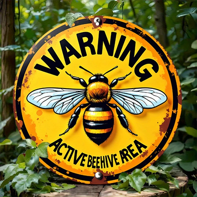 [2D Flat] 1 Stück Bienen 7,87 x 7,87 Zoll rundes Aluminiumschild, runder Bienenstock-Aluminiumschild, Vorsicht-Metallblechschild – Warnung rustikal Image