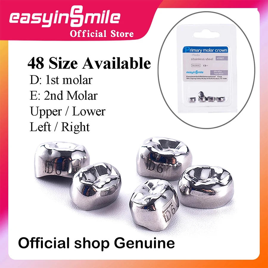 5PCS EASYINSMILE Dental Crown Kinder Primäre Molaren Zähne Nachfüllen Edelstahl Kronen für Oberen/Unteren Links/Rechts 1st/2nd D2-D7 Image