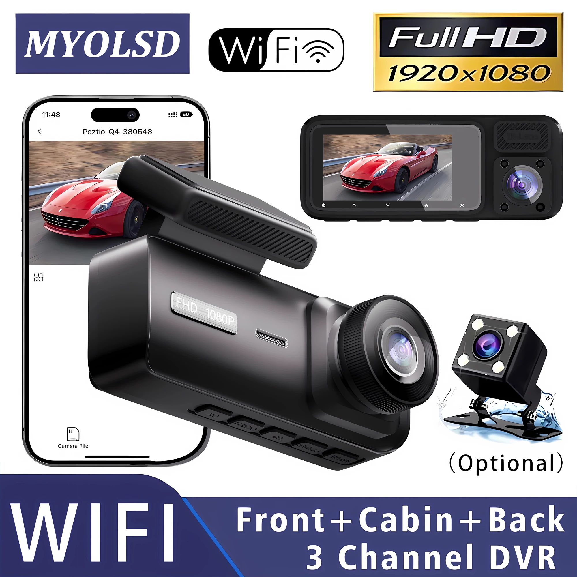 WIFI 3-Kamera Auto-Dashcam FHD 1920*1080P Videorekorder 3-Kanal Front- Rück- und Innenansicht Super-Nachtsicht Black Box Mini-DVR Image