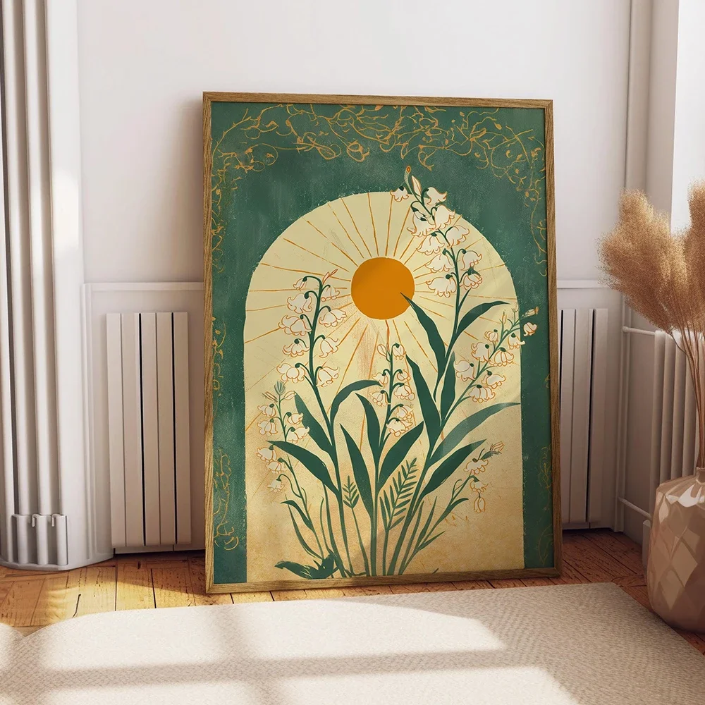 Boho Smaragdgrüne Maiglöckchen Leinwand Poster Drucke Ästhetische Sonnenschein Blumen Wandkunst Gemälde für Wohnzimmer Dekor Image