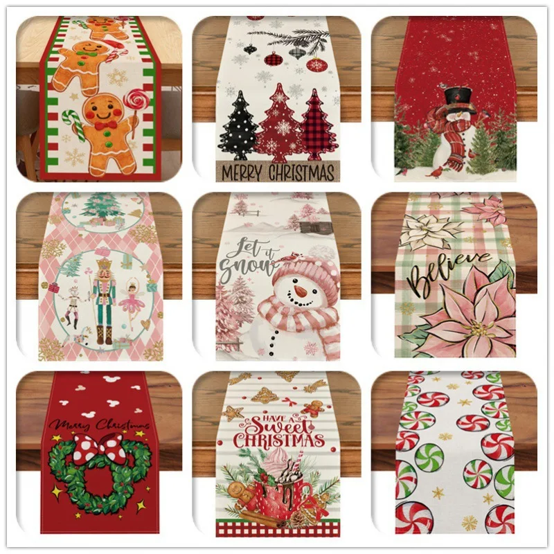 Festliches Weihnachts-Tischläufer- und Tischsets-Set – niedliche hitzebeständige Untersetzer mit Cartoon-Aufdruck für die Party-Dekoration Image