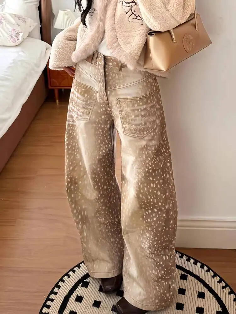 Damenjeans 2026 Frühling Retro E-Girl Jeans Farbblock Bestickt Distressed Hirsch Polka Dot Print Weites Bein Bodenlange Hose Image