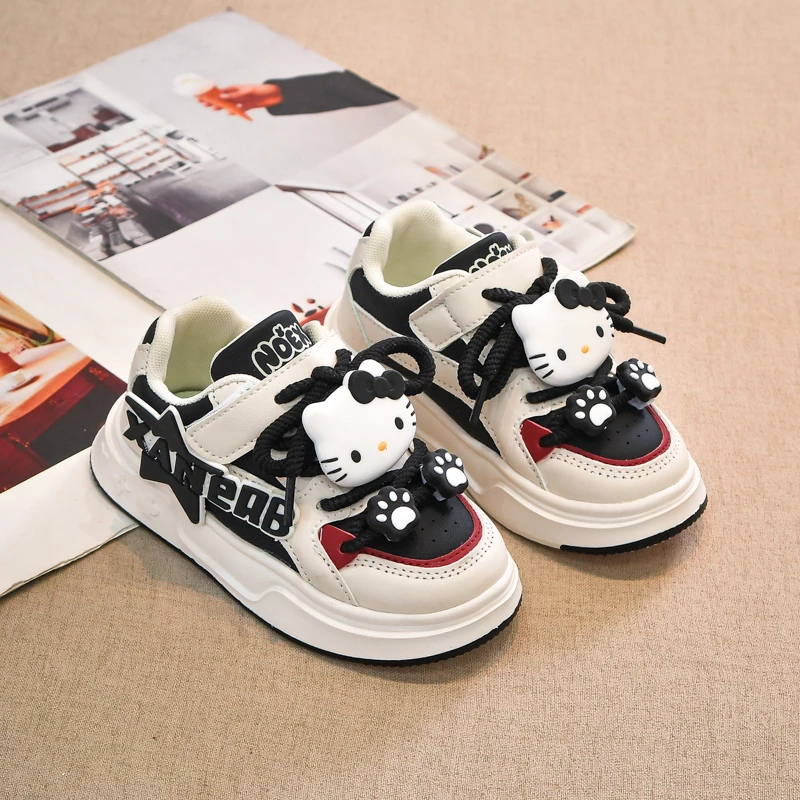 Kinder-Freizeitschuhe ​ Turnschuhe aus PU-Leder, Sanrio Hello Kitty, Frühlingsschuhe für Mädchen, rutschfest, mit Klettverschluss, Lila, Schwarz, Größe 27–37