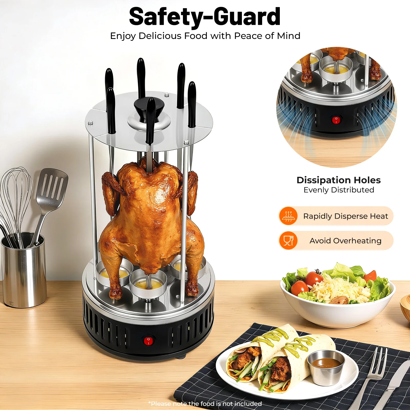 1000W Edelstahl Vertikaler Elektrogrill, Indoor-Grill Vertikaler Drehspieß-Grill, Elektrische Rotierende Grillmaschine für Kebab Image