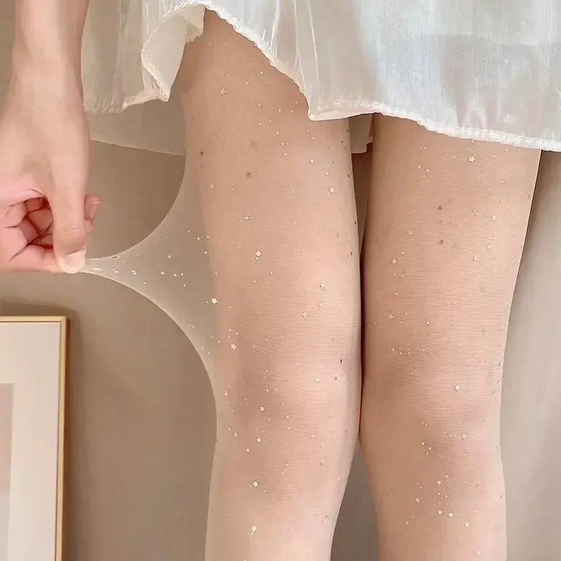 Sexy Glänzende Pailletten Frauen Durchscheinende Elastische Strumpfhosen Lange Bein Koreanische Y2K Schwarz Haut Weibliche Hosidery Strumpfhosen glitzernde Medien Image