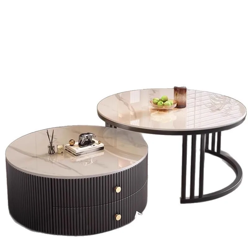 Schiefer-Couchtisch, modern, schlicht, aus Massivholz, rund, kleiner Couchtisch für Wohnzimmer, leichter Luxus, minimalistisch Image