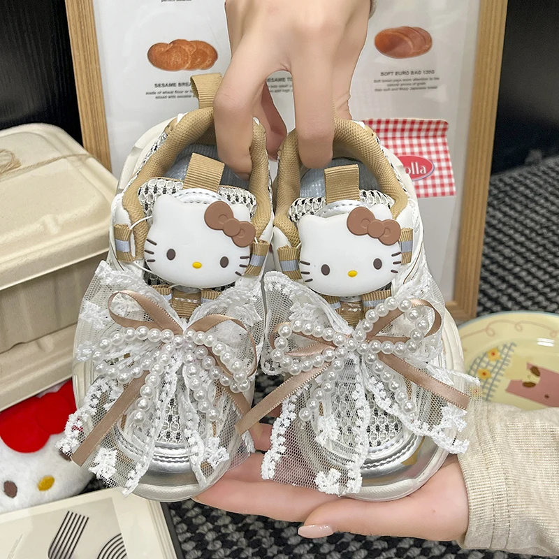 Kinder-Freizeitschuhe ​ Turnschuhe aus Mesh mit Perlen und Hello Kitty-Aufdruck, Frühlingsschuhe für Mädchen, rutschfester dicker Boden, Khaki, Größe 26–36