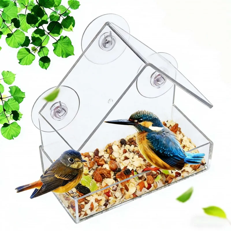 Garten- und Hof-Vogellockvorrichtung, 1-2er-Pack transparente Acryl-Vogelfutterspender mit Saugnapf für die automatische Fütterung im Freien Image