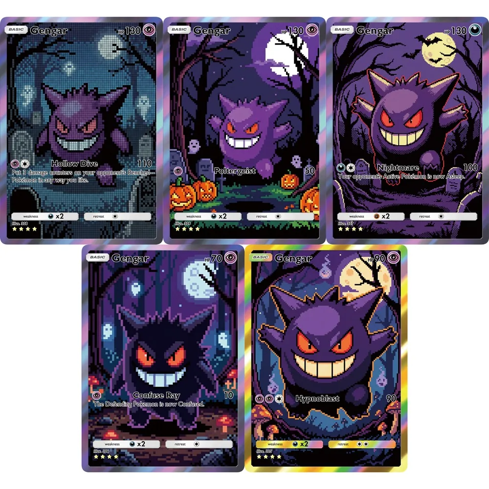 5 Stück Pokemon Gengar PTCG-Karten, Holo Ultra Rare-Karten, Pixel-Stil, Gengar-Kreativitätsspiel-Sammelkarten, Pokemon Gengar-Geschenk Image