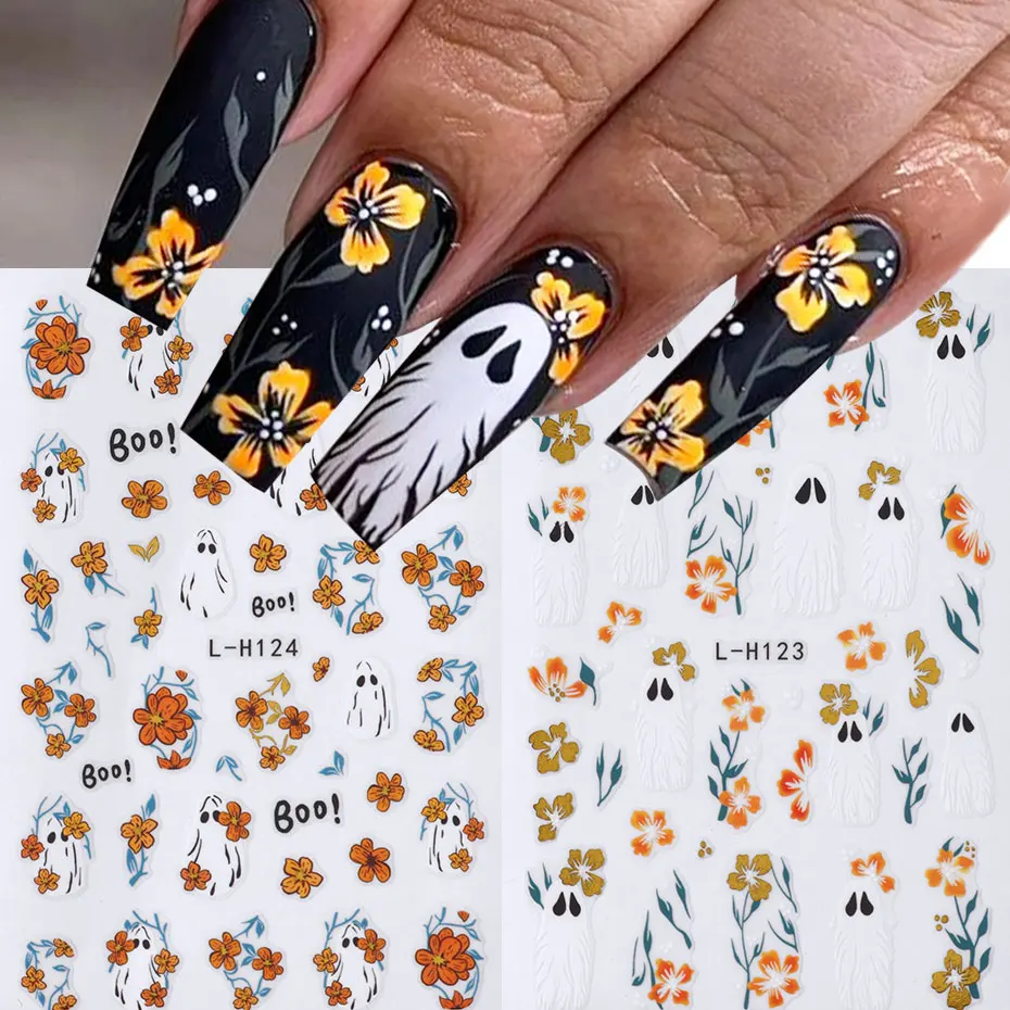 2 Stück Halloween Kawaii Geist Blumen Nagelaufkleber 3D Cartoon Gold Orange Blume Blatt Nagel Charms Folien Schönes Festival Gruseliger Schieber Image