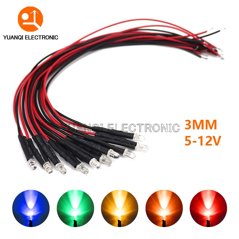 10PCS 3mm LED 5-12V 20cm Vorverdrahtet Weiß Rot Grün Blau Gelb UV RGB Diode Lampe Dekoration Leuchtdioden Vorgelötet Image