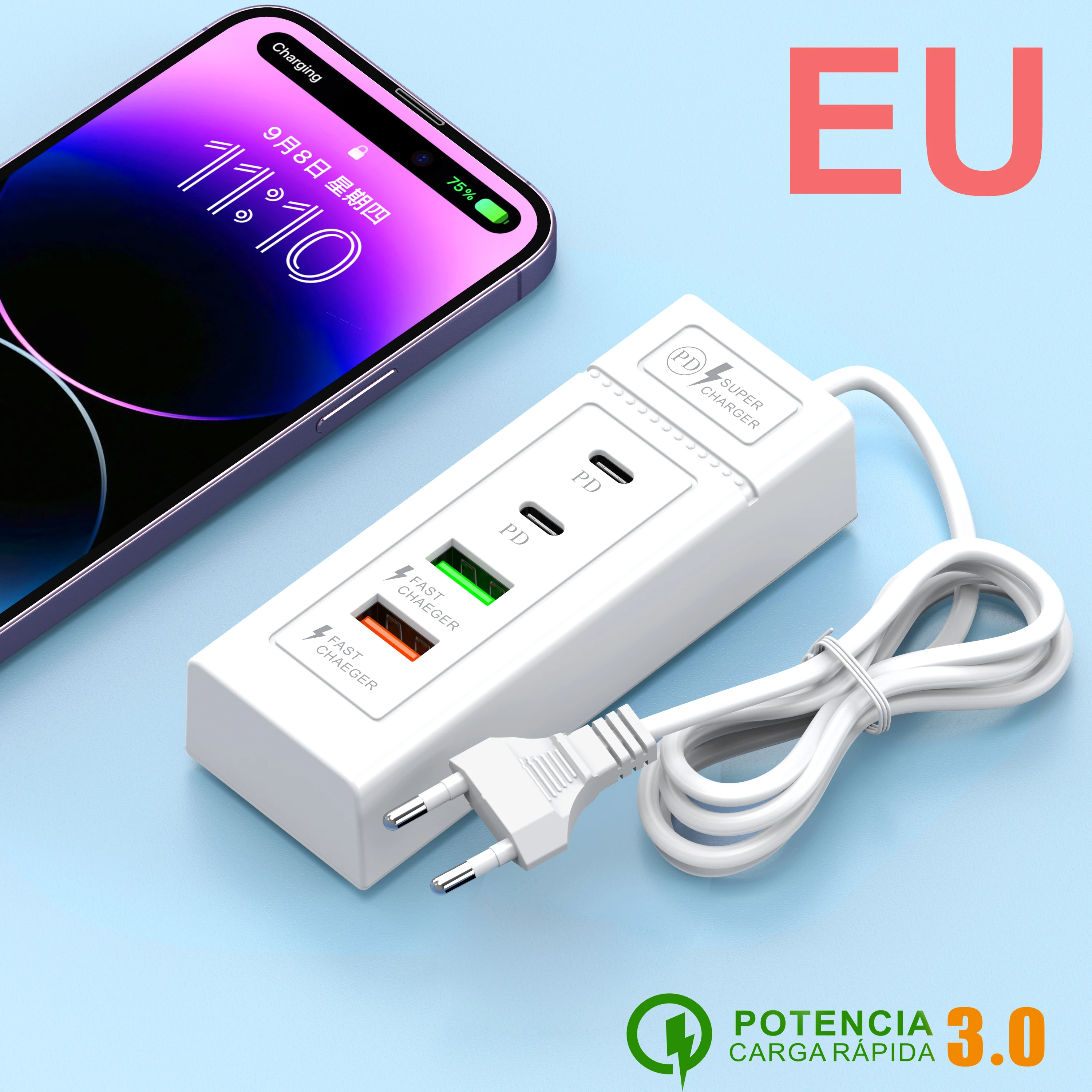 Universeller tragbarer Steckdosenadapter für schnelles Aufladen von Mobiltelefonen, Multiport-Steckdosenleiste für Samsung Xiaomi iPhone USB Typ-C PD-Anschluss. Image