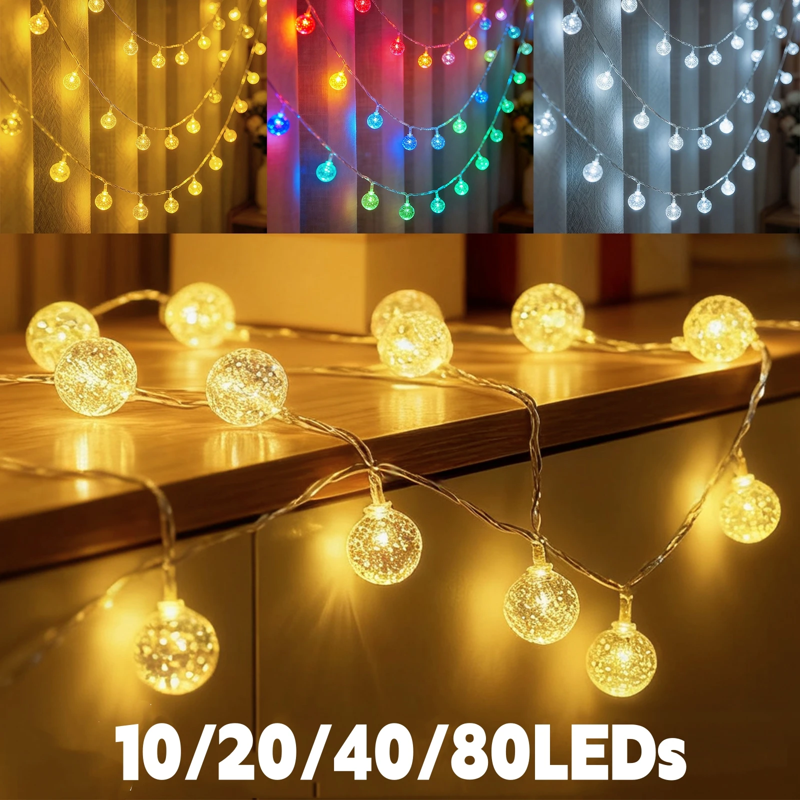 USB/batteriebetriebene Lichterkette, 10/20/40/80 LEDs, Kristallkugel, Kugeln, wasserdichte Feengirlande für den Garten im Freien, Weihnachten, Hochzeit