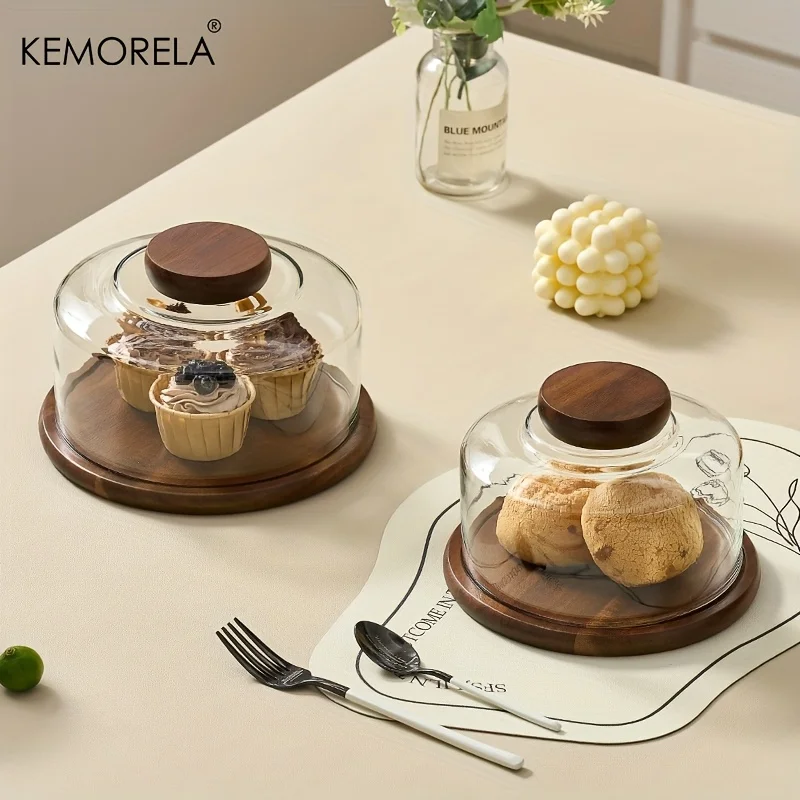 1 runder Kuchenständer aus Holz mit Glaskuppeldeckel – Serviertablett aus Holz für Dim Sum Gebäck und Desserts für das Esszimmer, Kuchentablett Image