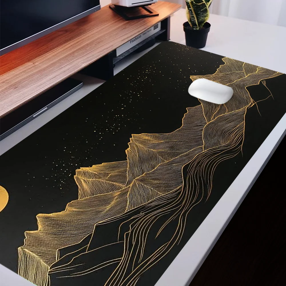 Golden Mountain Mauspad, Kunstlinien-Design, Schreibtischunterlage, Gummiunterseite, Schreibtischzubehör, rutschfestes Mauspad mit genähtem Rand, Geschenke für Männer Image