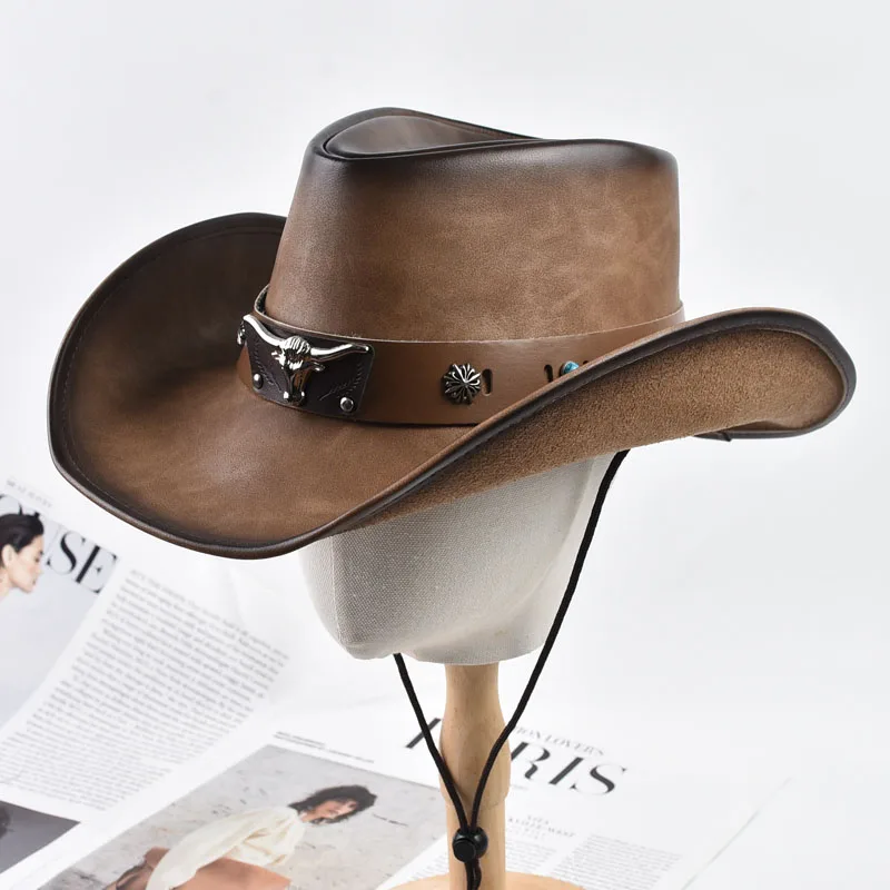 100 % Leder Western Cowboy Hut für Männer Frauen Vintage Roll Krempe Ritter Hut Gentleman Kirche Kappe Sombrero Hombre Image