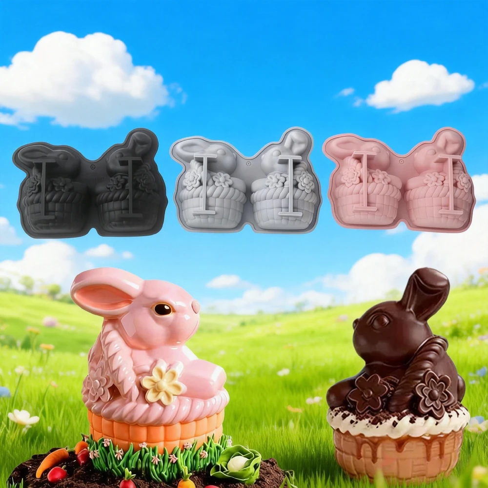 2-fach Silikonform mit Blumenkorb und Hase, Oster-Cartoon-Häschen Schokoladen-Pudding-Dessertform, französische Gebäck-Backform Image