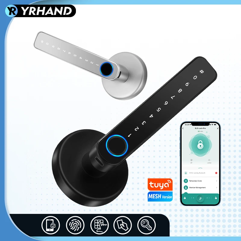 Yrhand Tuya Smart biometrischer Griff, ultrasicheres Fingerabdruckschloss mit IC-Karten-Passwort, mechanische Schlüsselentriegelung für Einzelhandl Image