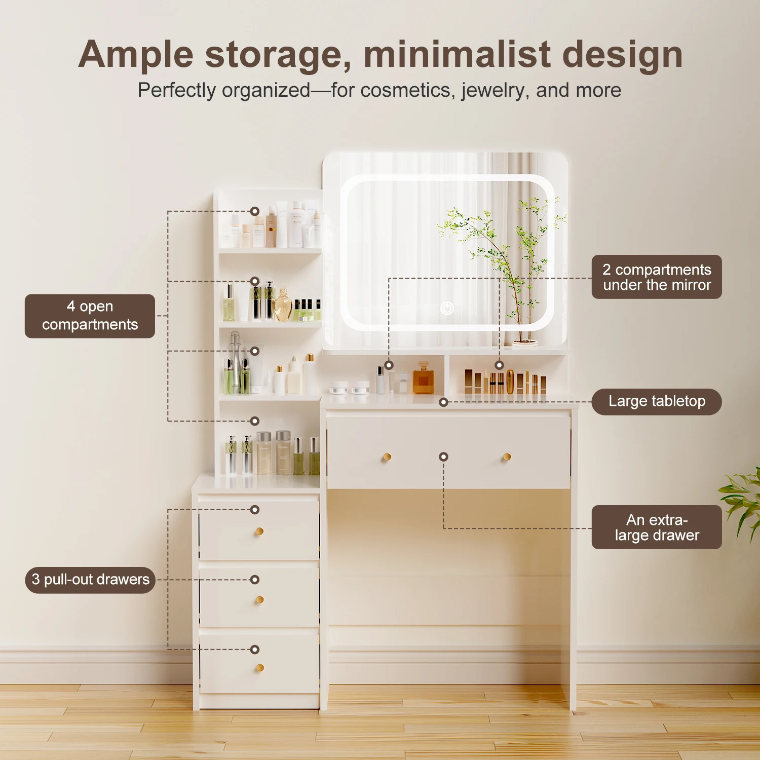 Daccormax Schminktisch mit verstellbarem LED-Spiegel, mehrschichtiger Aufbewahrung, 3-Farben-Beleuchtung, wasserdichter Arbeitsplatte und geräuschlosen Schubladen Image