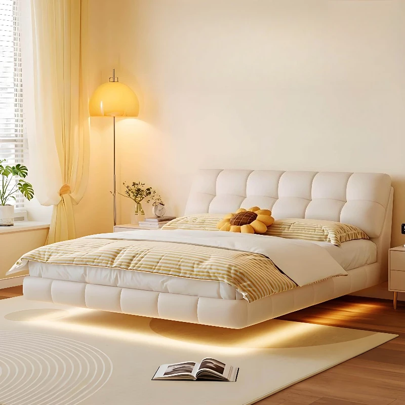 Französisches Creme-Wind-Suspension-Doppelbett, moderne Einfachheit, hochwertige, weiche Schlafzimmerbetten, bequem beleuchtet, für 2 Personen, Möbel für Zuhause Image