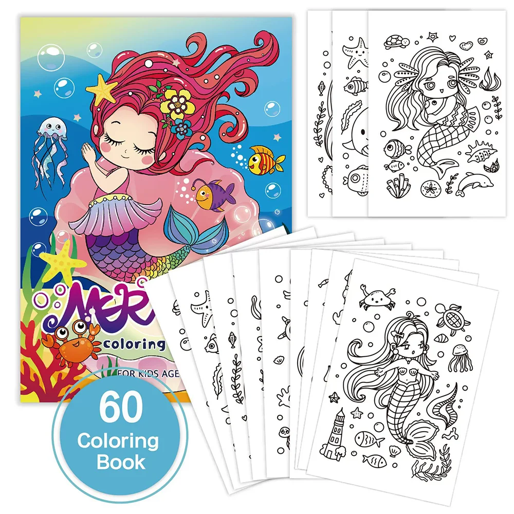 60 Blatt Malbuch mit Meerjungfrau-Einhorn-Dinosaurier-Themen für 4–8 Jahre alte Kinder, Cartoon-Graffiti, Kinder, Malen, Zeichnen, ideale Geschenke Image